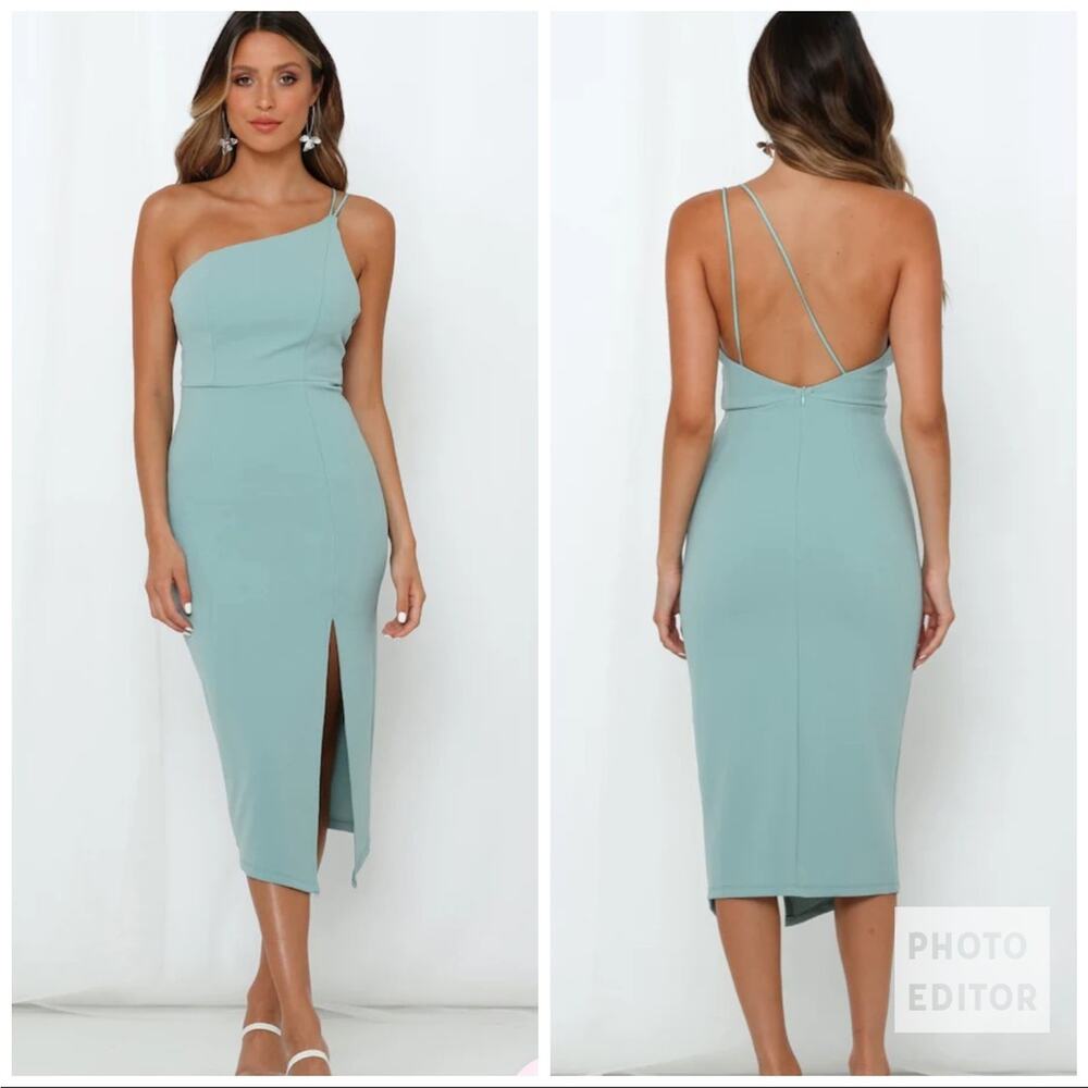 Hello Molly | NWT Taking It Back Midi Dress One Shoulder Going Out Slit Sage LG